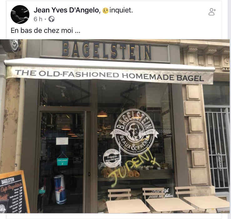 Photo représentant un tag "juden" sur la vitrine de la boutique Bagesltin à Paris Jewpop