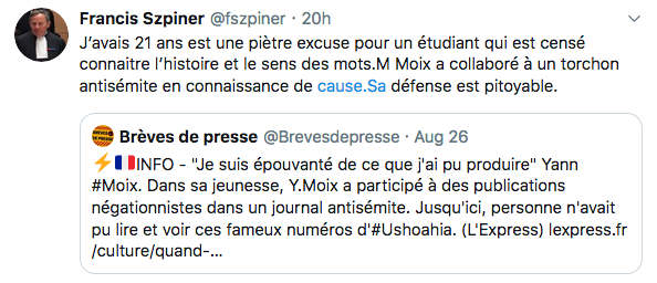 Tweet de l'avocat Francis Szpiner Yann Moix Jewpop