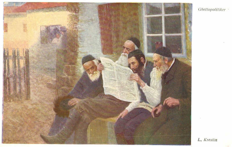 Carte postale ancienne représentant des juifs dans un shtetl lisant un journal Jewpop