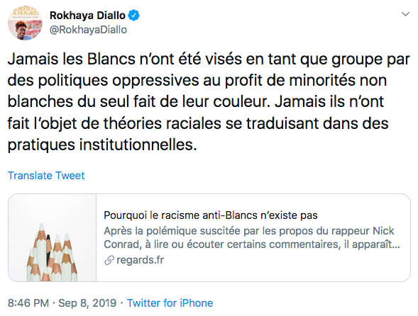 Tweet de Rokhaya Diallo Blancs génocides Jewpop