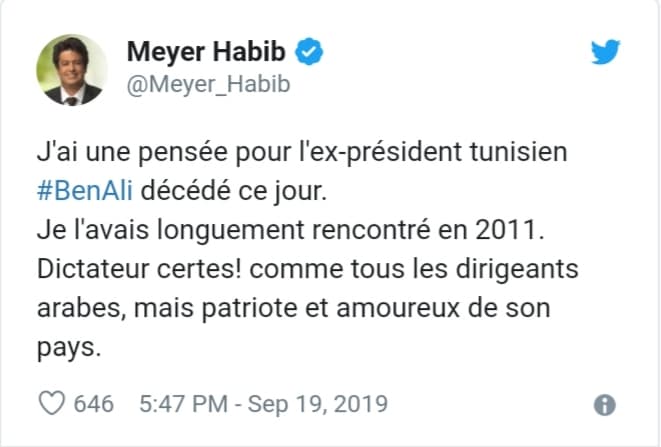 Copie d'écran du tweet de Meyer Habib en hommage à Ben Ali Jewpop