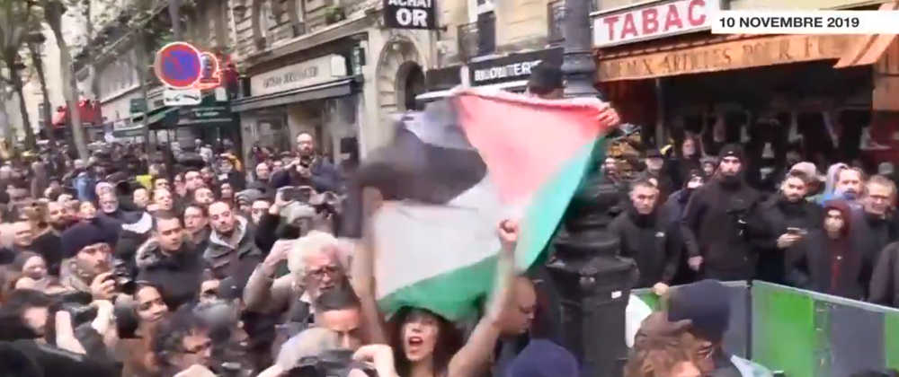 Photo représentant une militante Femen dont la nudité est cachée par un drapeau palestinien marche contre islamophobie Jewpop