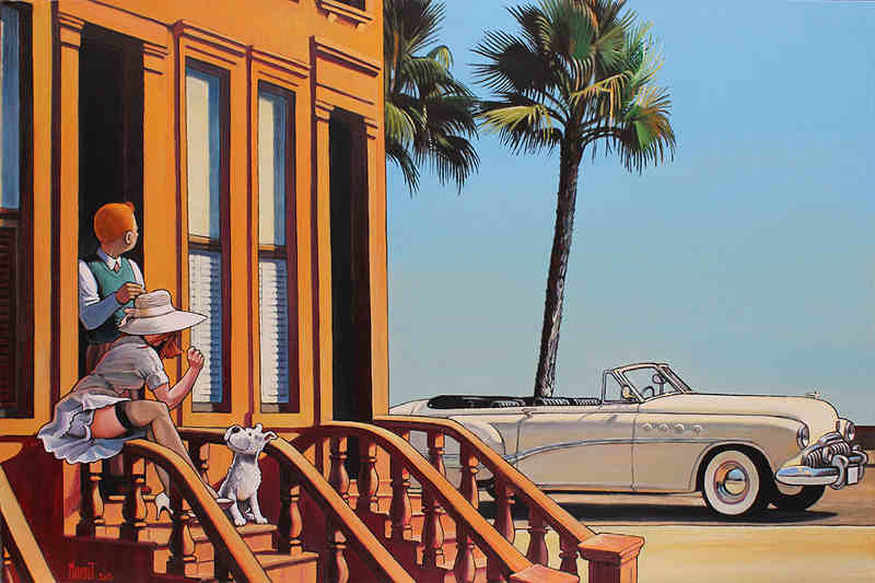 Peinture de Xavier Marabout Tintin Hooper vacances en buick roadmaster Jewpop